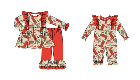 25.5.21 custom each style moq 5eta 4-6week Sibling Sisters Christmas boots baby girl long sleeve pants sets and rompers match family design