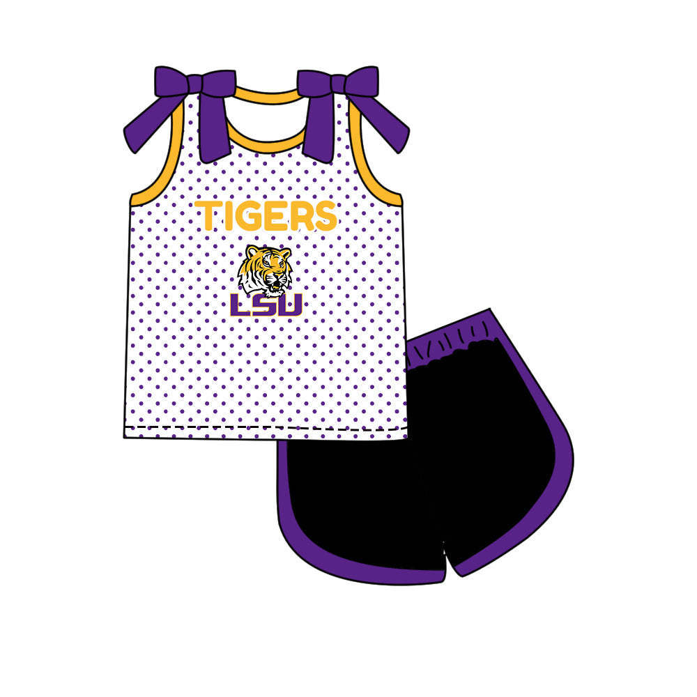 Custom moq 5 mix size summer teams Girls Polka Dot Top Shorts Set Purple Bows Top Skirt Short Set Zipper Pullover Pants Set