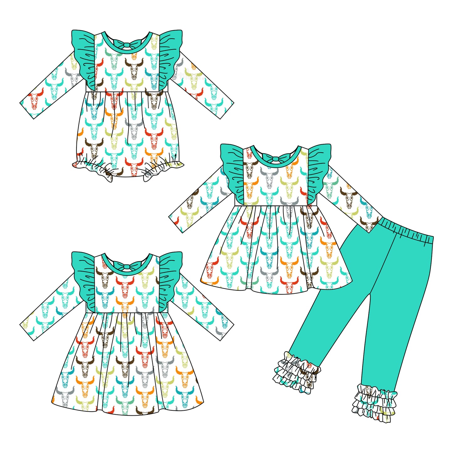 25.6.28 custom each style moq 5eta 4-6week Sibling Sisters cow head baby girl long sleeve pants sets and dress and rompers match family design