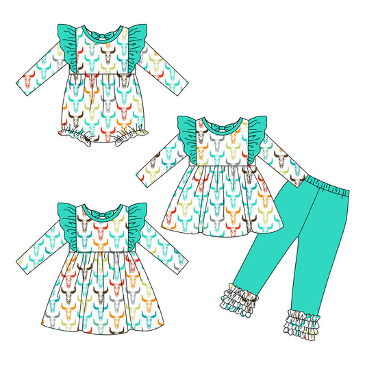 25.6.28 custom each style moq 5eta 4-6week Sibling Sisters cow head baby girl long sleeve pants sets and dress and rompers match family design