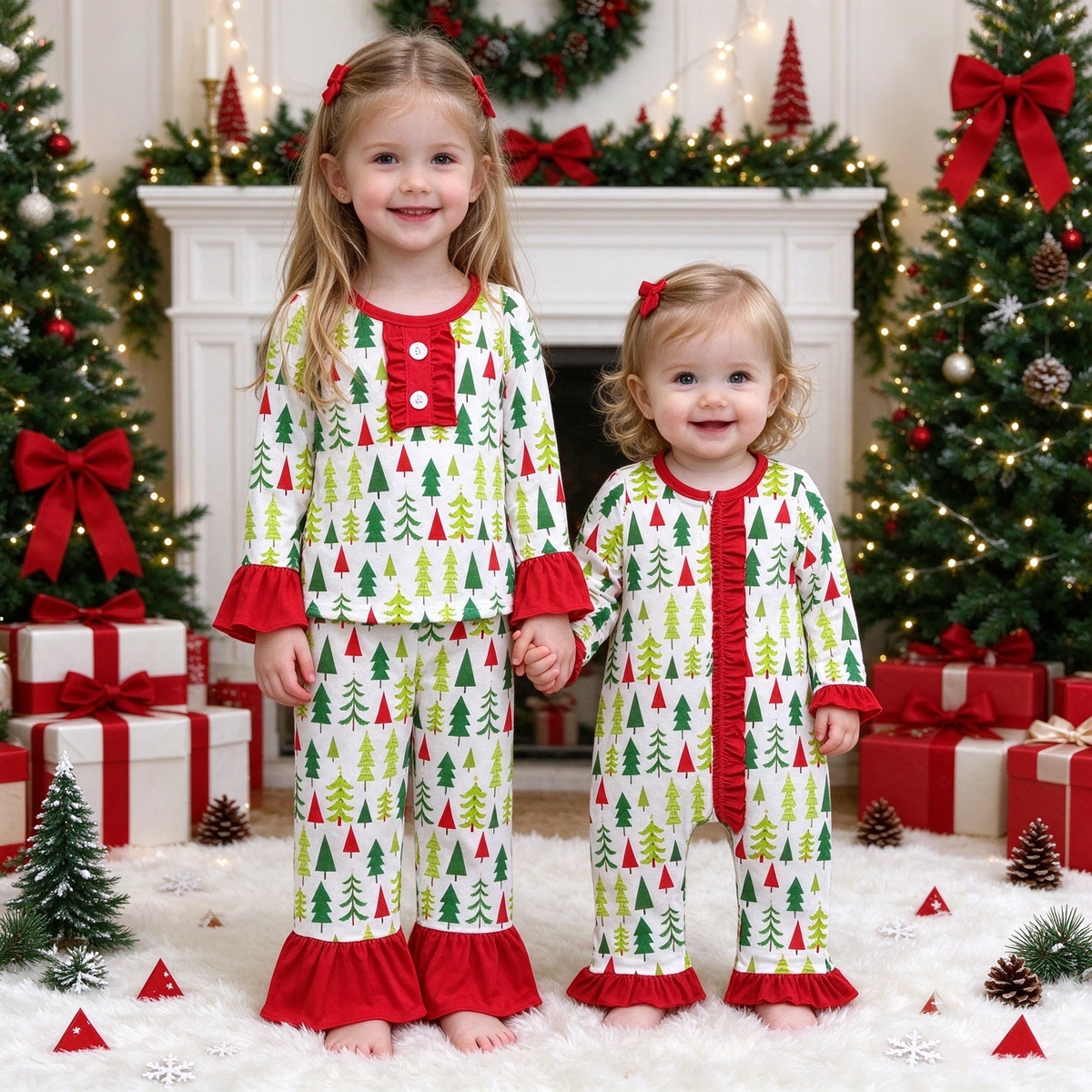 Baby Girls Christmas Tree Collection - Ruffle Zip Romper & Red Ruffle Flare PJ Set