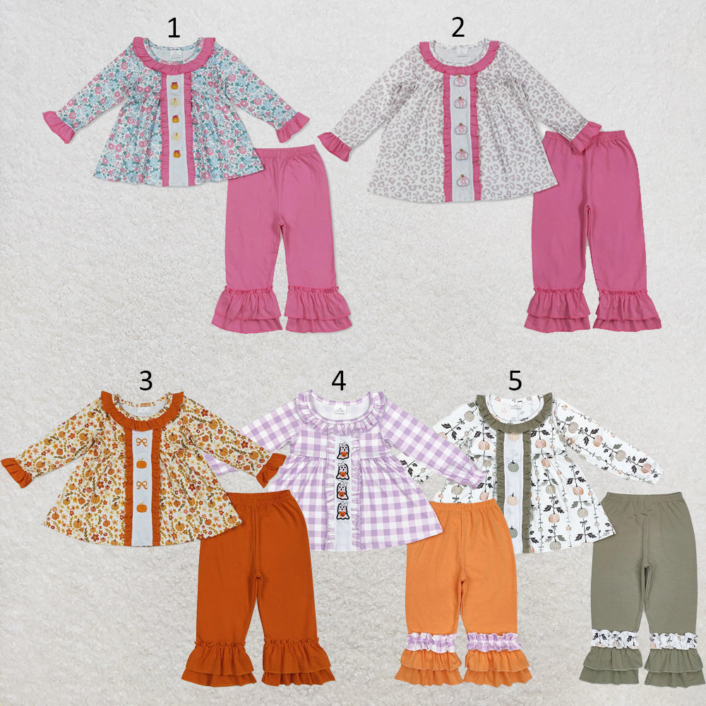 RTS NO MOQ Sibling milk silk Baby Girls Embroidery Fall Flower Bow Pumpkin Tunic Ruffle Pants Thanksgiving Outfit Sets