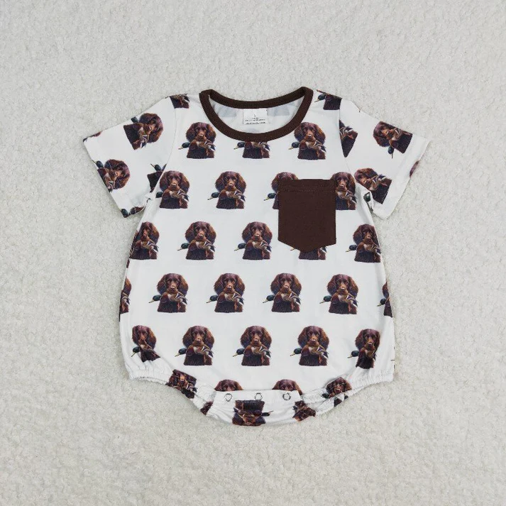 RTS NO MOQ Baby Boys Brown Pocket Dogs Sibling Rompers Clothes Sets