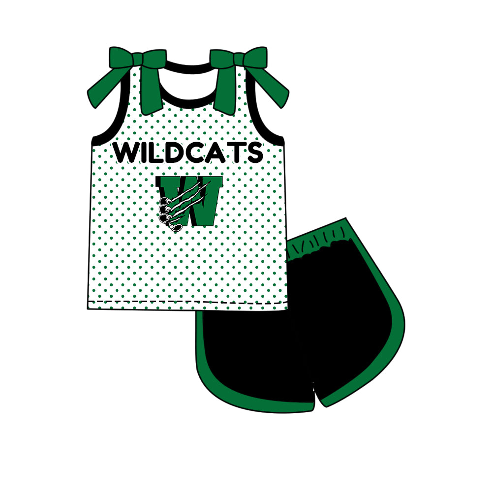 Custom moq 5 mix size summer teams Girls Green Polka Dot Top Shorts Set Top Skirt Short Set Zipper Pullover Pants Set