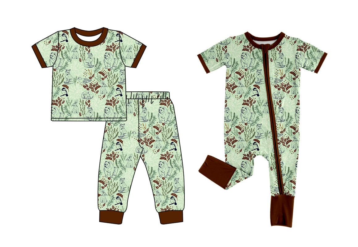 4.6 Custom moq 5 mix size Sibling Baby Green Short-Sleeved Pajama Set Short Sleeve Zipper Romper