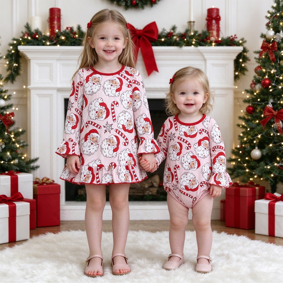 Baby Girls Santa Candy Cane Collection - Ruffle Dress & Flare Sleeve Romper