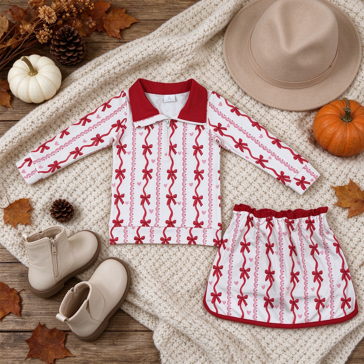 NEW RTS NO MOQ milk silk GLD1751 Baby Girls Bows Hearts Zip Pullover Top Skirt Short Valentines Clothes Set
