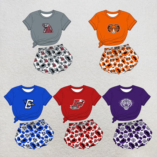 custom moq 5 mix size XY071608 Baby Girls Short Sleeve Crew Neck Top Leopard Print Yoga Shorts Team Outfit Set