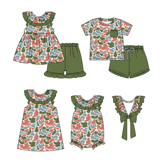 11.28 custom each style moq 5eta 4-6week Sibling Sister camouflage baby girl short sleeve shorts sets and sets 2 and girls romper and dress match design