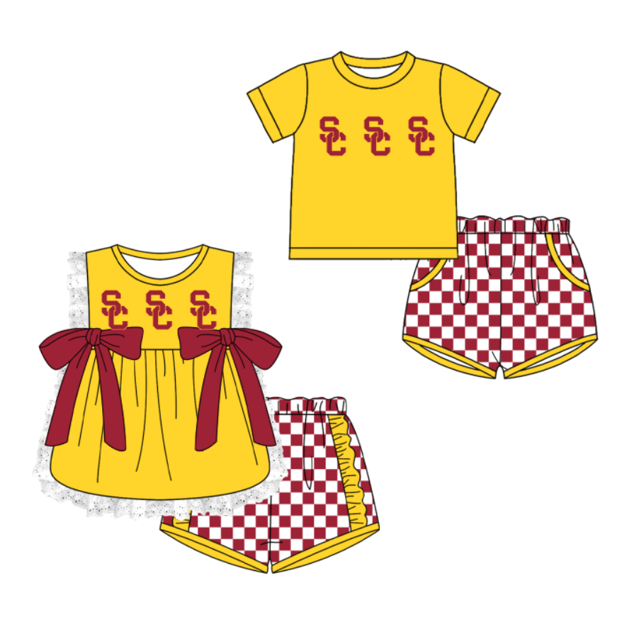 Custom moq 5 mix size milk silk summer teams Yellow Girl Sleeveless Top And Plaid Shorts Set with Bow Boy Short Sleeved Top And Plaid Shorts Set