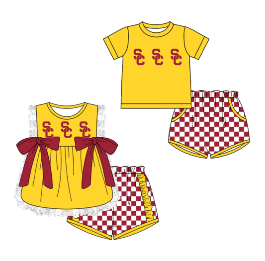 Custom moq 5 mix size milk silk summer teams Yellow Girl Sleeveless Top And Plaid Shorts Set with Bow Boy Short Sleeved Top And Plaid Shorts Set