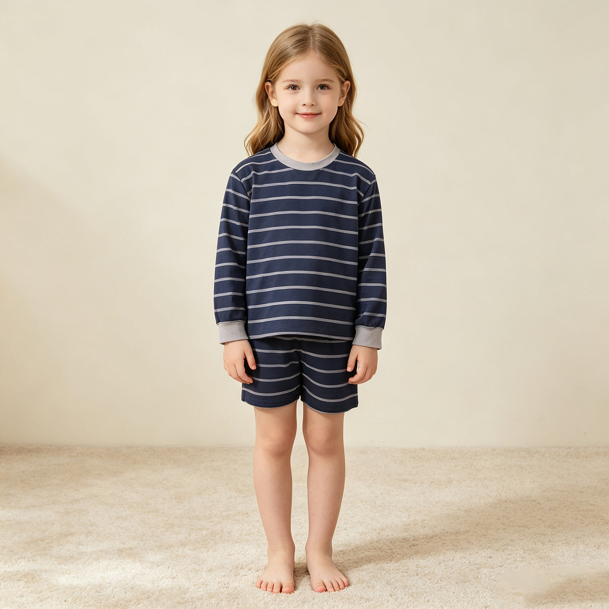 NEW RTS NO MOQ yoga fabric GLS0158 Yoga Baby Girls Grey Navy Stripe Shirt Top Shorts Kids Active Outfit