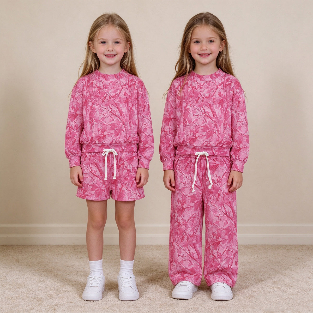 RTS NO MOQ Sibling milk silk High Neck Baby Girls Pink Camo Long Sleeve Sweatshirt Drawstring Pants Matching Outfit
