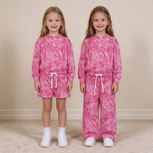 RTS NO MOQ Sibling milk silk High Neck Baby Girls Pink Camo Long Sleeve Sweatshirt Drawstring Pants Matching Outfit