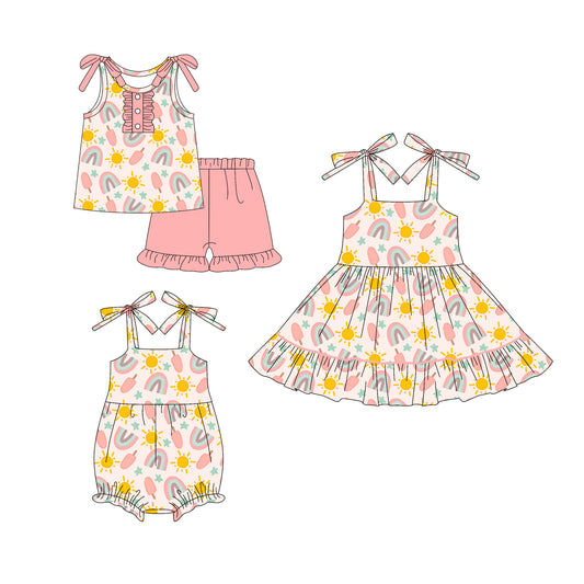 4.18 custom each style moq 5eta 4-6week Sibling Sisters rainbow baby girl short sleeve shorts sets and dress and rompers match family design