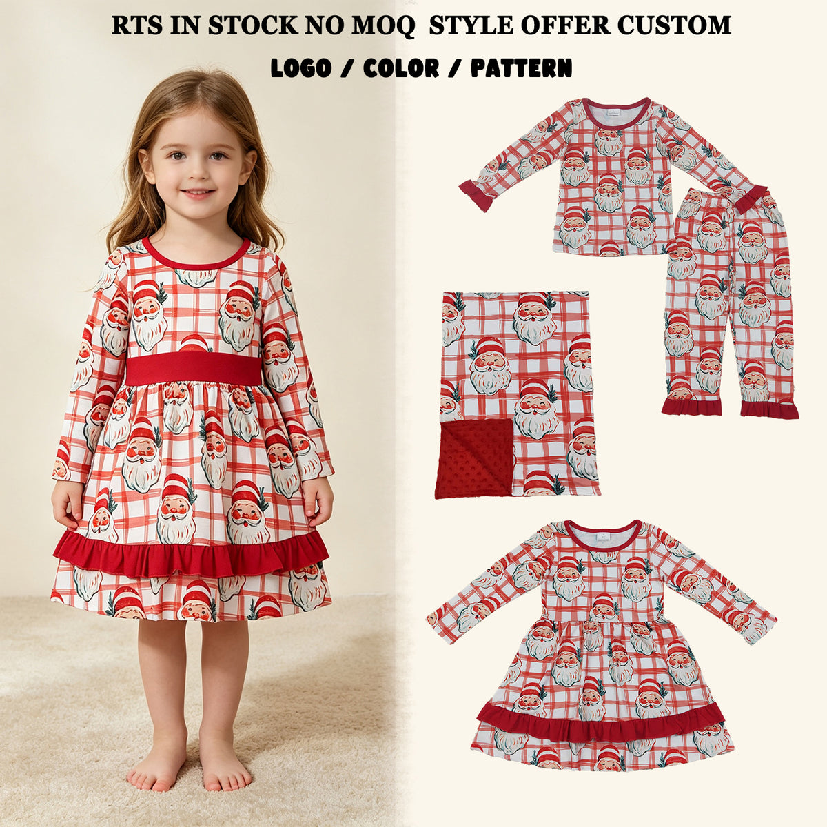 RTS NO MOQ Sibling milk silk Girls Red Plaid Santa Print Christmas Pajamas Dress And Minky Blanket Matching Family Holiday Outfit Set
