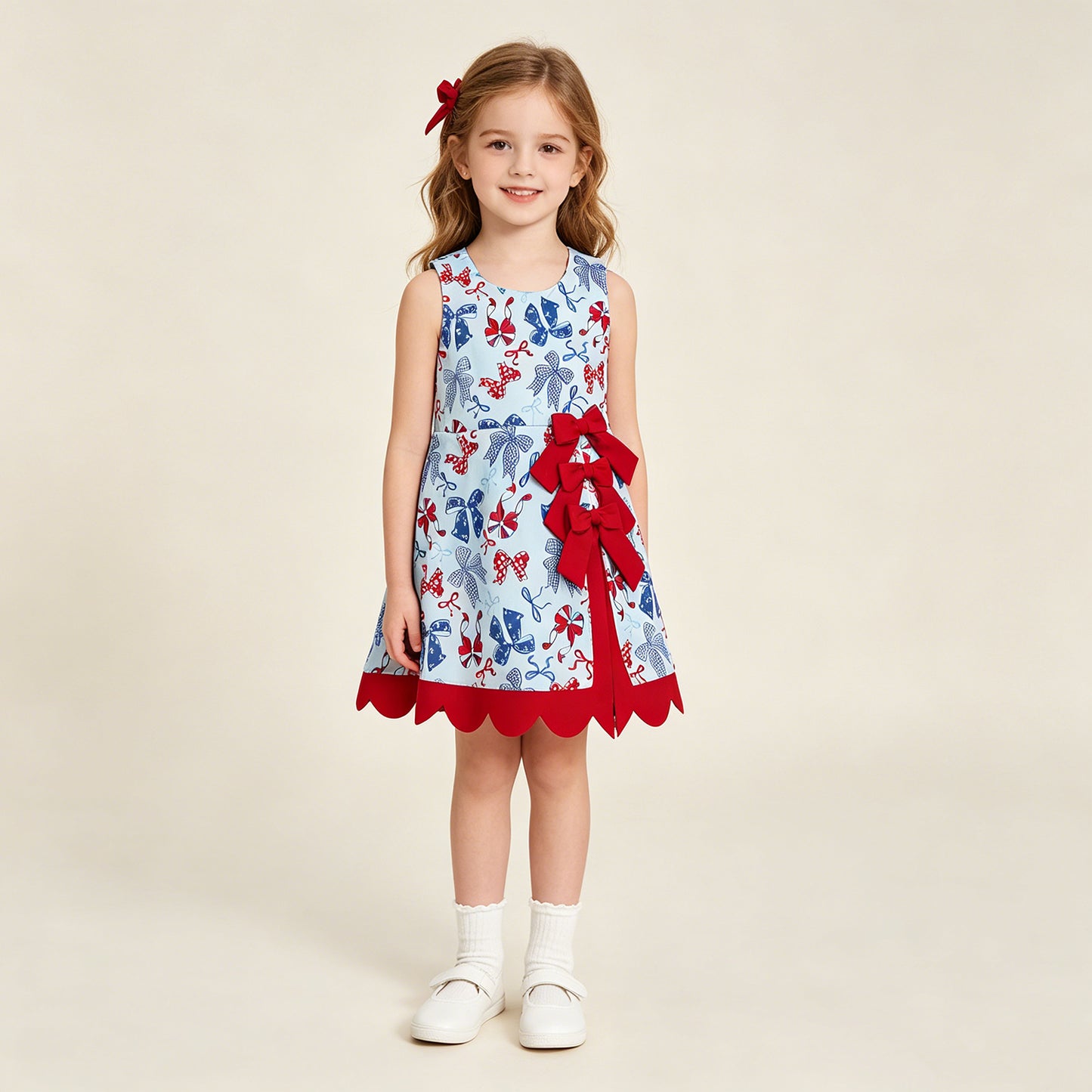 RTS NO MOQ yoga fabric GSD3875 4th Of July Bow Yoga Scallop Knee Length Dresses For Baby Girls
