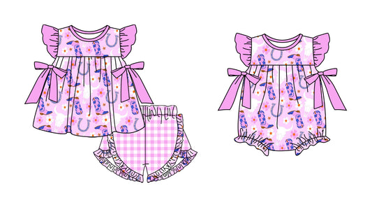11.19 custom each style moq 5eta 4-6week Sibling Sister boot cow head baby girl short sleeve shorts sets and rompers match design