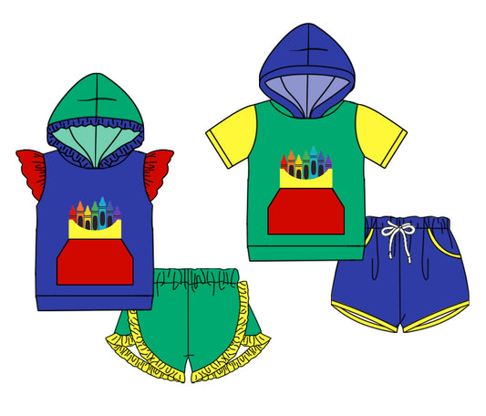 4.16 custom each style moq 5eta 4-6week Sibling Sister baby boy hooded short sleeve set 1 and set 2 match design