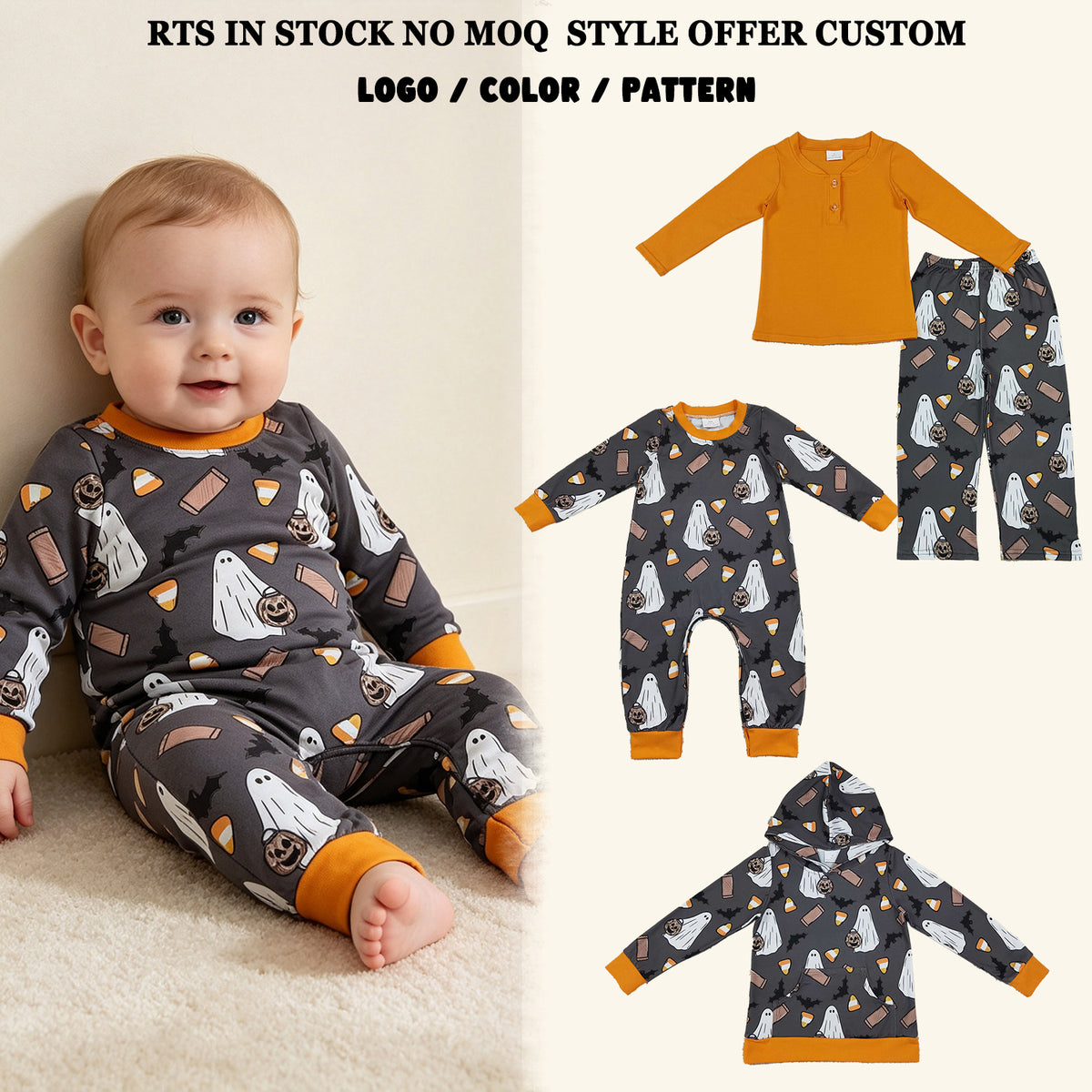 RTS NO MOQ Sibling milk silk Baby Boys Halloween Ghost Candy Bat Print Outfit Set Long Sleeve Top Pants Pajamas Hoodie Baby Zipper Romper Orange Trim Holiday Clothes