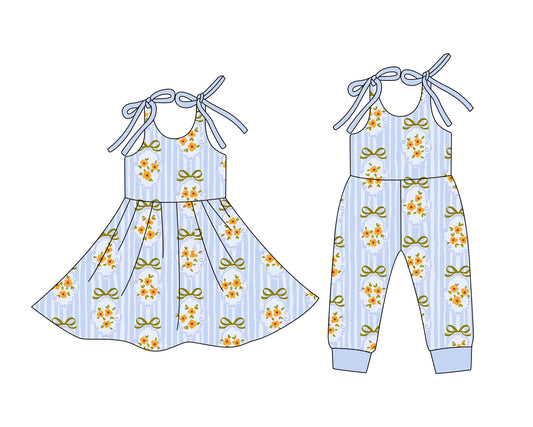 25.12.24 custom each style moq 5 eta 6-8week Sibling Sister floral bow baby short sleeve romper and dress match design