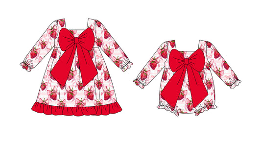 25.9.24 custom each style moq 8 eta 6-8week Sibling Sisters strawberry bow baby girl long sleeve dress and rompers match family design