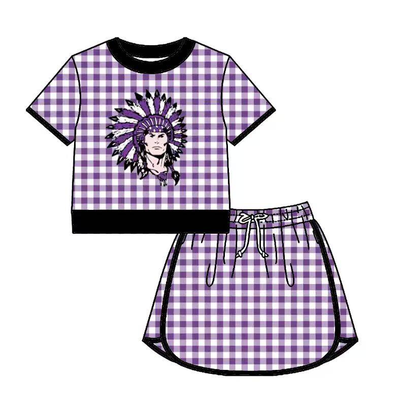 Custom moq 5 mix size milk silk summer teams Baby Girls Purple Plaid Short Sleeve Top Skirt Two Piece Set