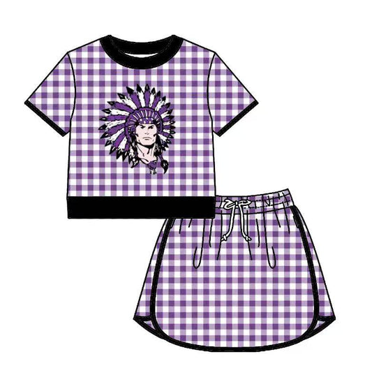Custom moq 5 mix size milk silk summer teams Baby Girls Purple Plaid Short Sleeve Top Skirt Two Piece Set