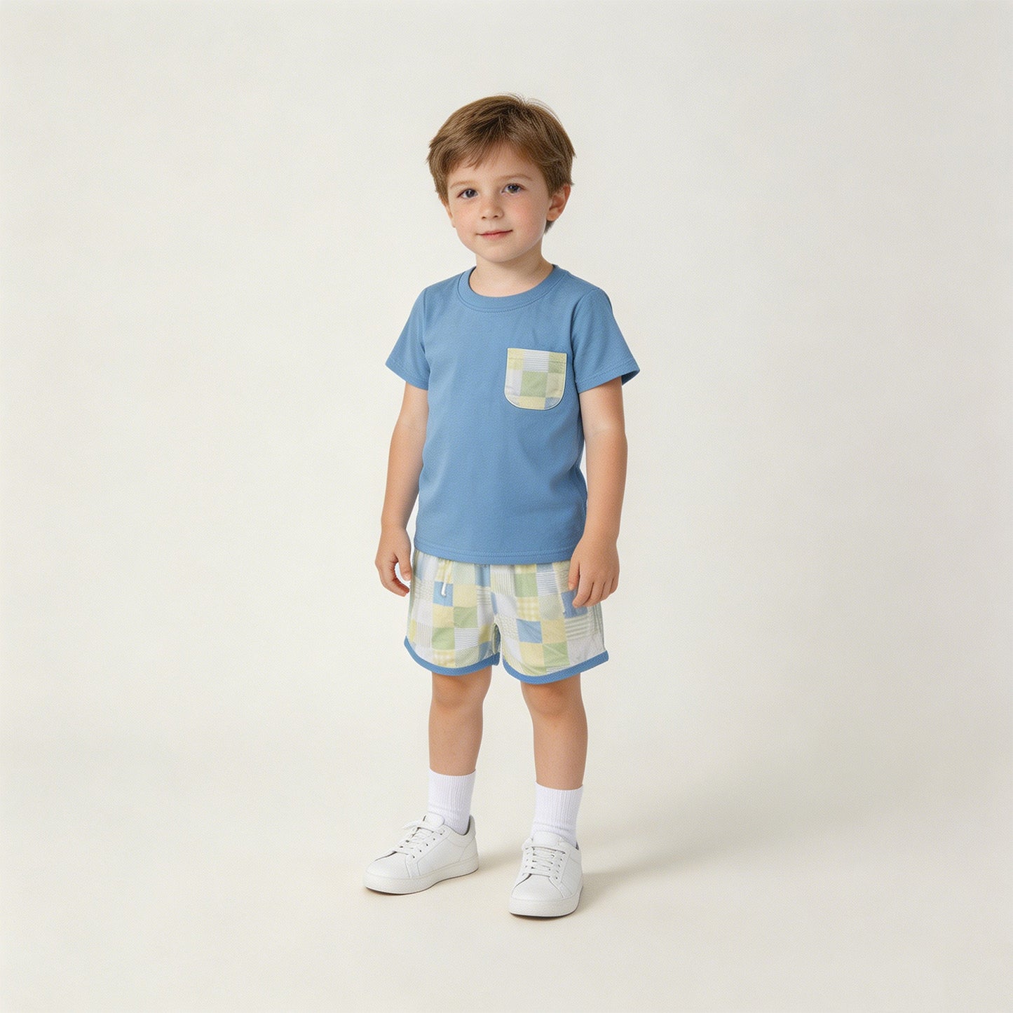 RTS NO MOQ milk silk BSSO1950 Baby Boys Casual Light Blue Checked Short Sleeve Shirt With Pockets Shorts Outfit