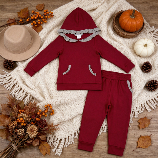 NEW RTS NO MOQ cotton GLP3565 Baby Girls Red Grey Long Sleeve Ruffle Hoodie Pockets Jogger Sets