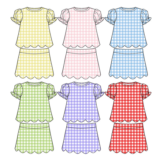3.26 Custom moq 5 mix size Sibling Baby Girl's Checked Short Sleeve Scallop Top Skirts Sets
