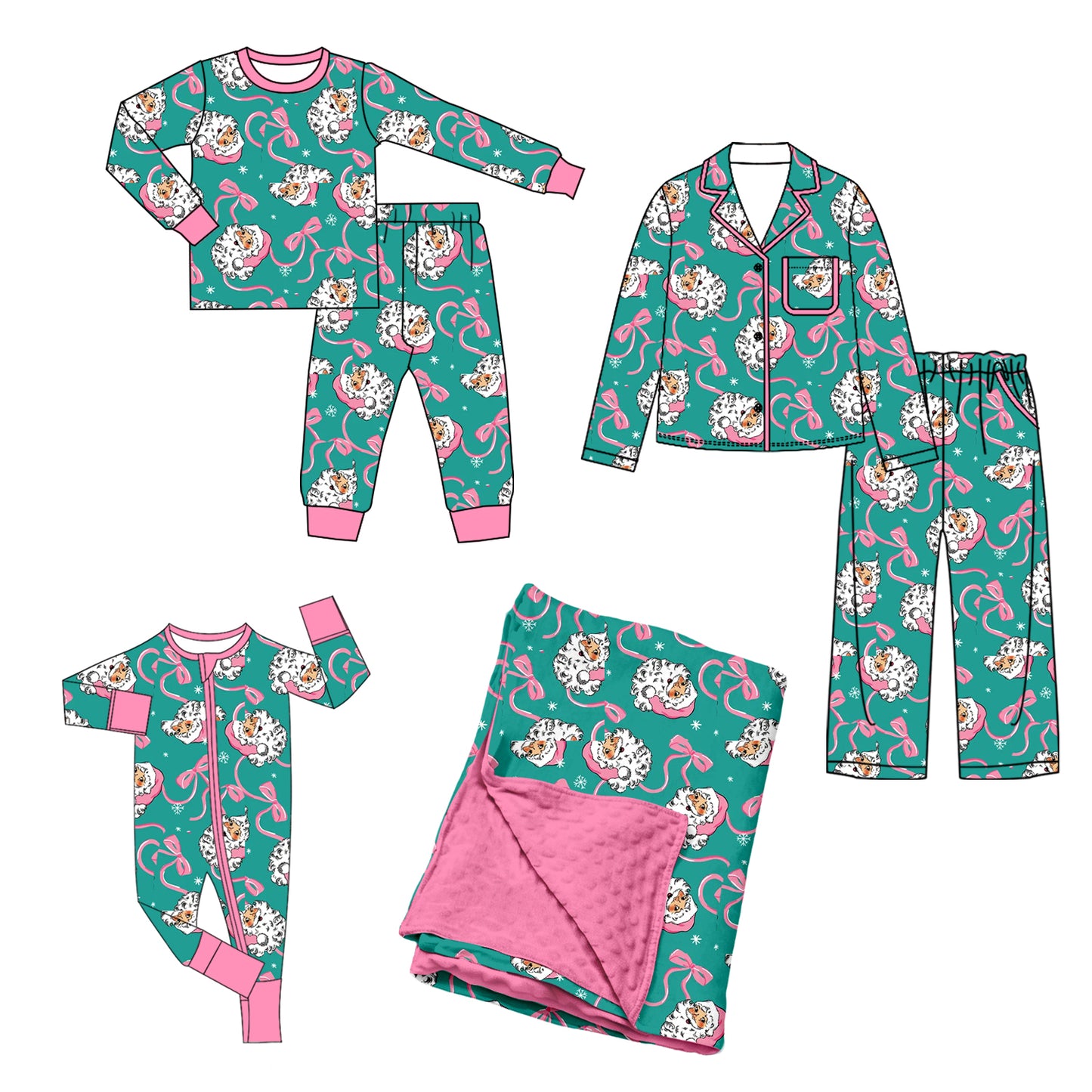 (Preorder new) No moq Adult And Kids Santa Claus Bow Print Button Front Pocket Top Straight Pant Christmas Pajama Set Rompers Blankets