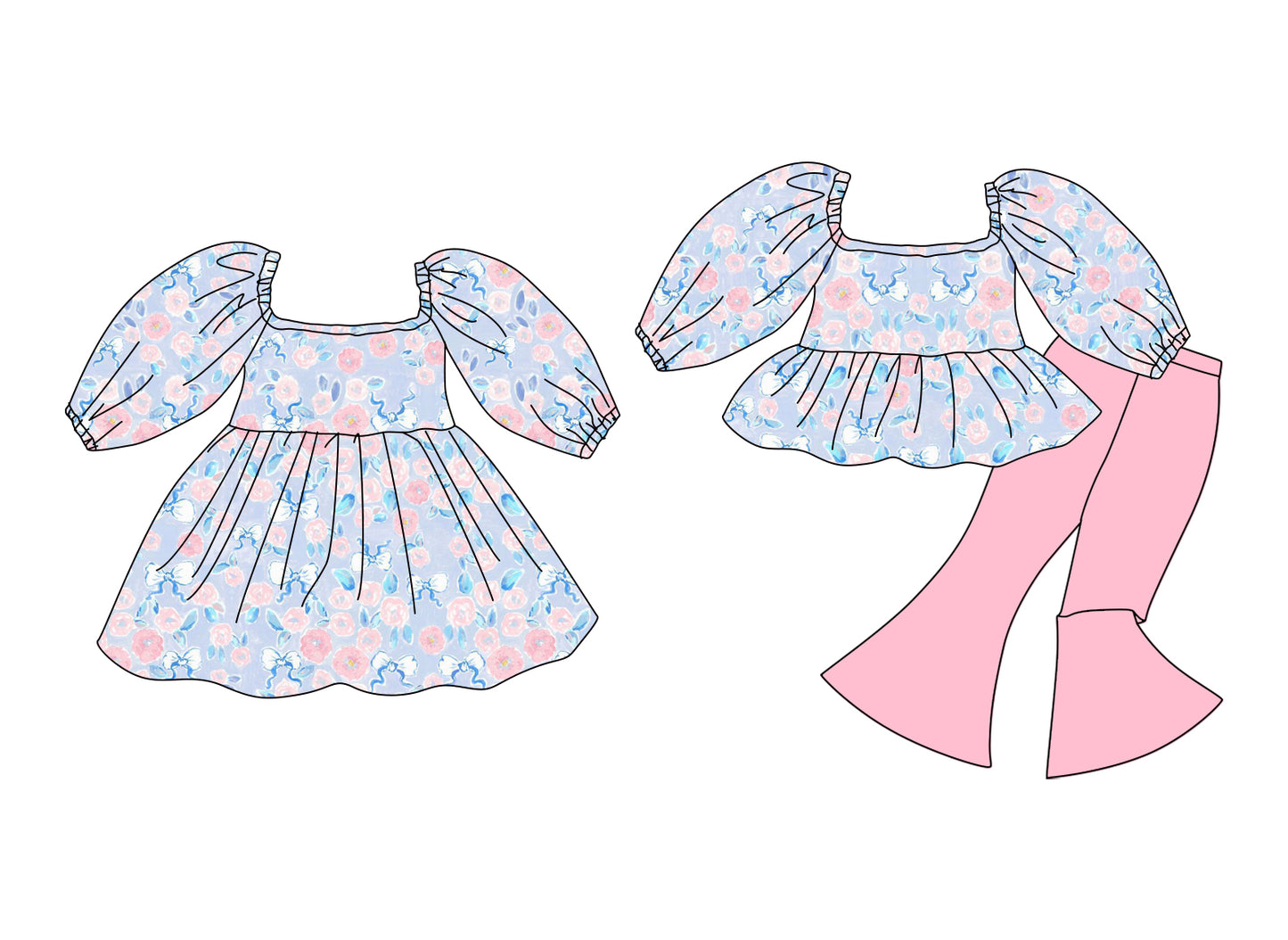 25.12.10 custom each style moq 5 eta 6-8week Sibling Sister bow floral baby short sleeve pants sets and dress match design