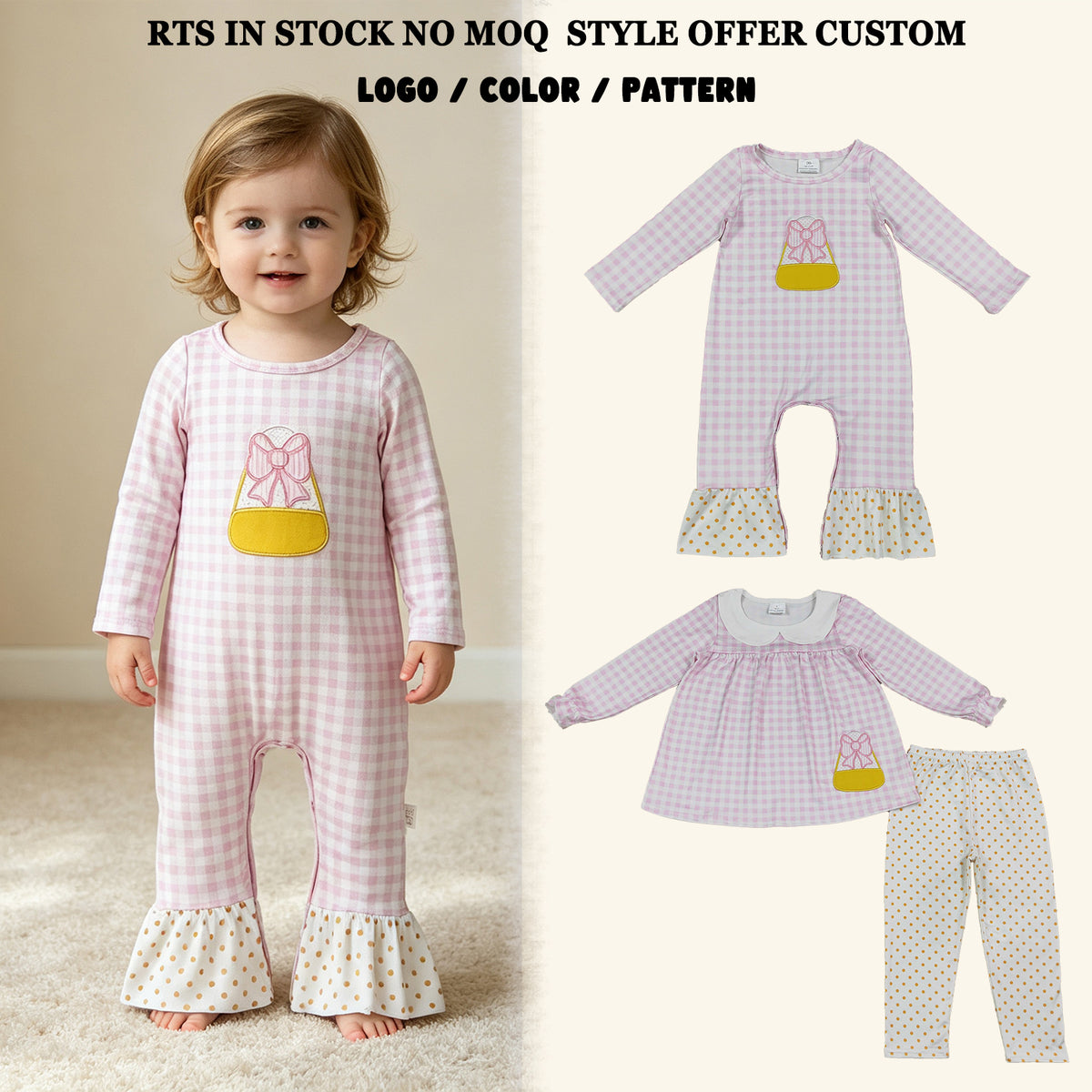 RTS NO MOQ Sibling milk silk Embroidery Bow Candy Baby Girls Pink Check Tunic And Leggings Clothes Set Rompers