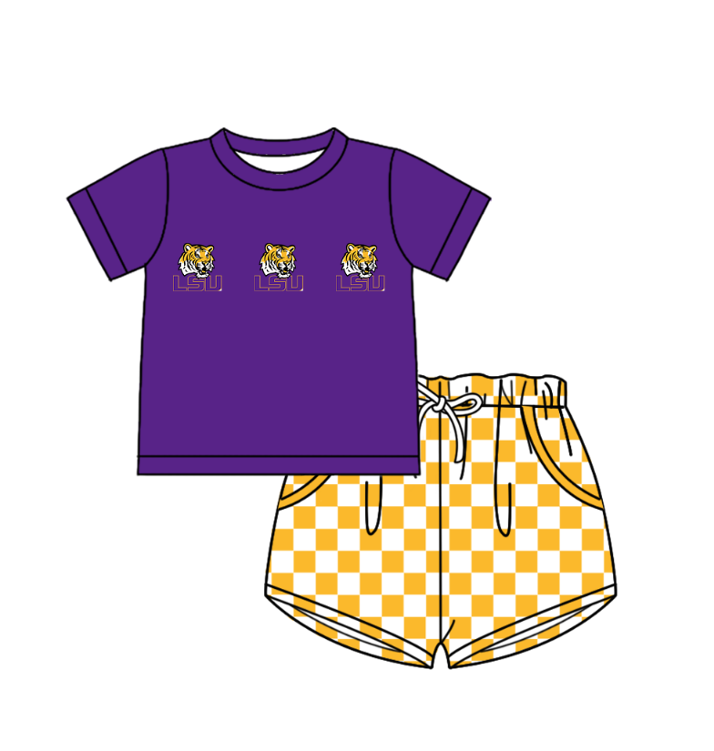 Custom moq 5 mix size milk silk summer teams Boy's Purple Short Sleeved Top Plaid Shorts Set Girl's Short-Sleeved Set with Matching Swimsuits Adult Shorts