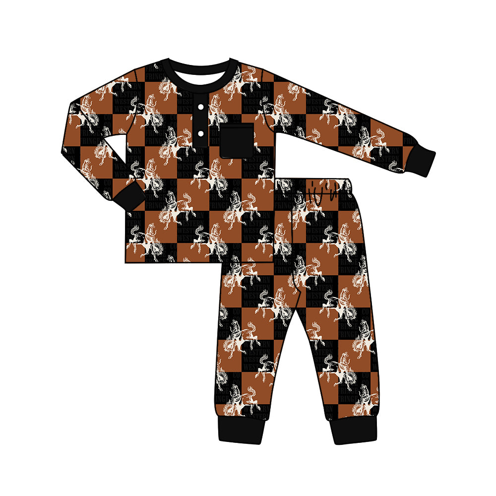 5.21custom each style moq 5eta 4-5week Sibling Sister Western denim print brown black plaid black boys outfits and baby romper match family design