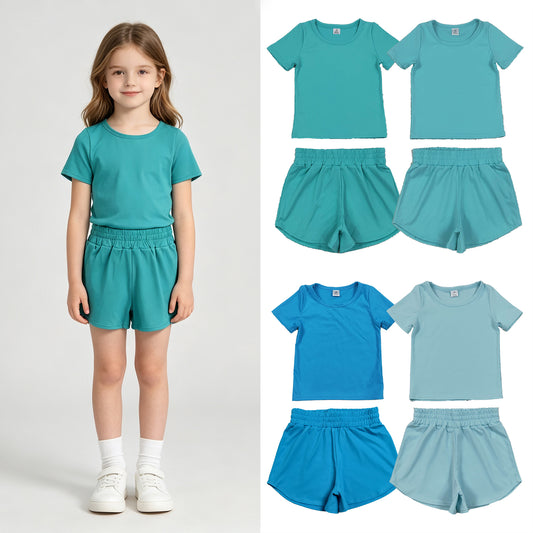 RTS NO MOQ Sibling yoga Baby Girls Blue Aqua Short Sleeve Yoga Active Top Shorts Set
