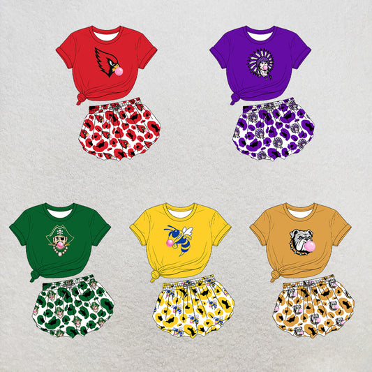 custom moq 5 mix size XY071708 Baby Girls Solid Color Short Sleeve Crew Neck Top Leopard Print Shorts Team Outfit Set