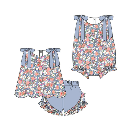 3.12 Custom moq 5 mix size Sibling Baby Girls Flowers Sleeveless Top And Purple Ruffle Shorts Set Matching Romper Outfit