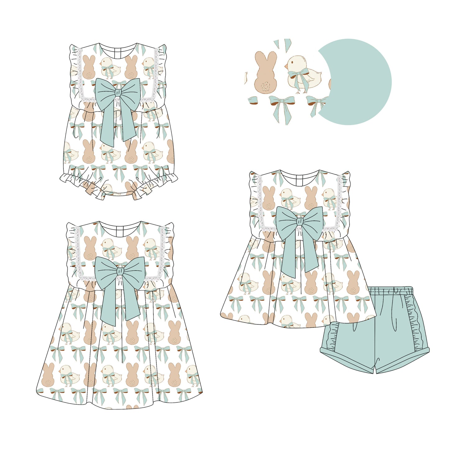 25.9.23 custom each style moq 8 eta 6-8week Sibling Sisters bunny bow baby girl short sleeve shorts sets and dress and rompers match family design
