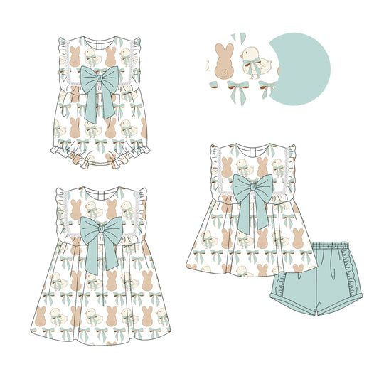 25.9.23 custom each style moq 8 eta 6-8week Sibling Sisters bunny bow baby girl short sleeve shorts sets and dress and rompers match family design