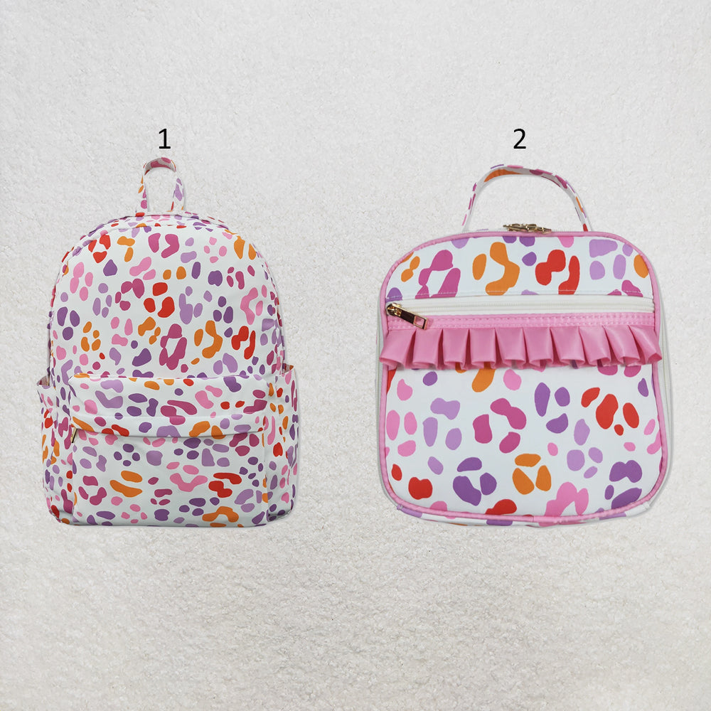 RTS NO MOQ Sibling milk silk Baby Kids Pink Leopard Ruffle Printed School Bag Lunch Box