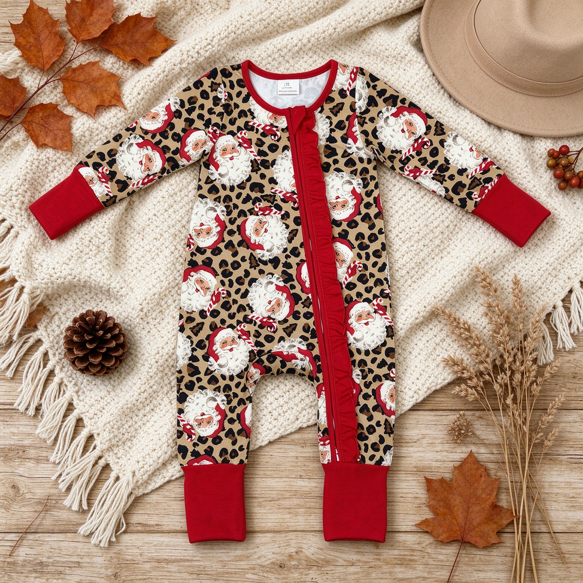 NEW RTS NO MOQ milk silk LR3302 Baby Girls Leopard Santa Print Christmas Long Sleeve Two Way Zip Ruffle Convertible Rompers