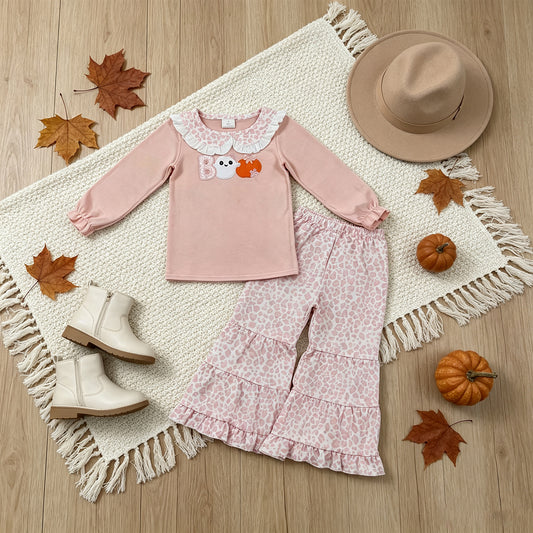 NEW RTS NO MOQ milk silk GLP3630 Embroidery Baby Girl Pink Boo Ghost Pumpkin Halloween Top Leopard Bell Bottom Sets