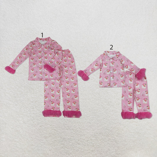 RTS NO MOQ milk silk Sibling Christmas Adult To Match Kids Pink Santa And Christmas Tree Print Fluffy Fur Trim Button Front Long Sleeve Top Elastic Waist Pants Christmas Pajama Set