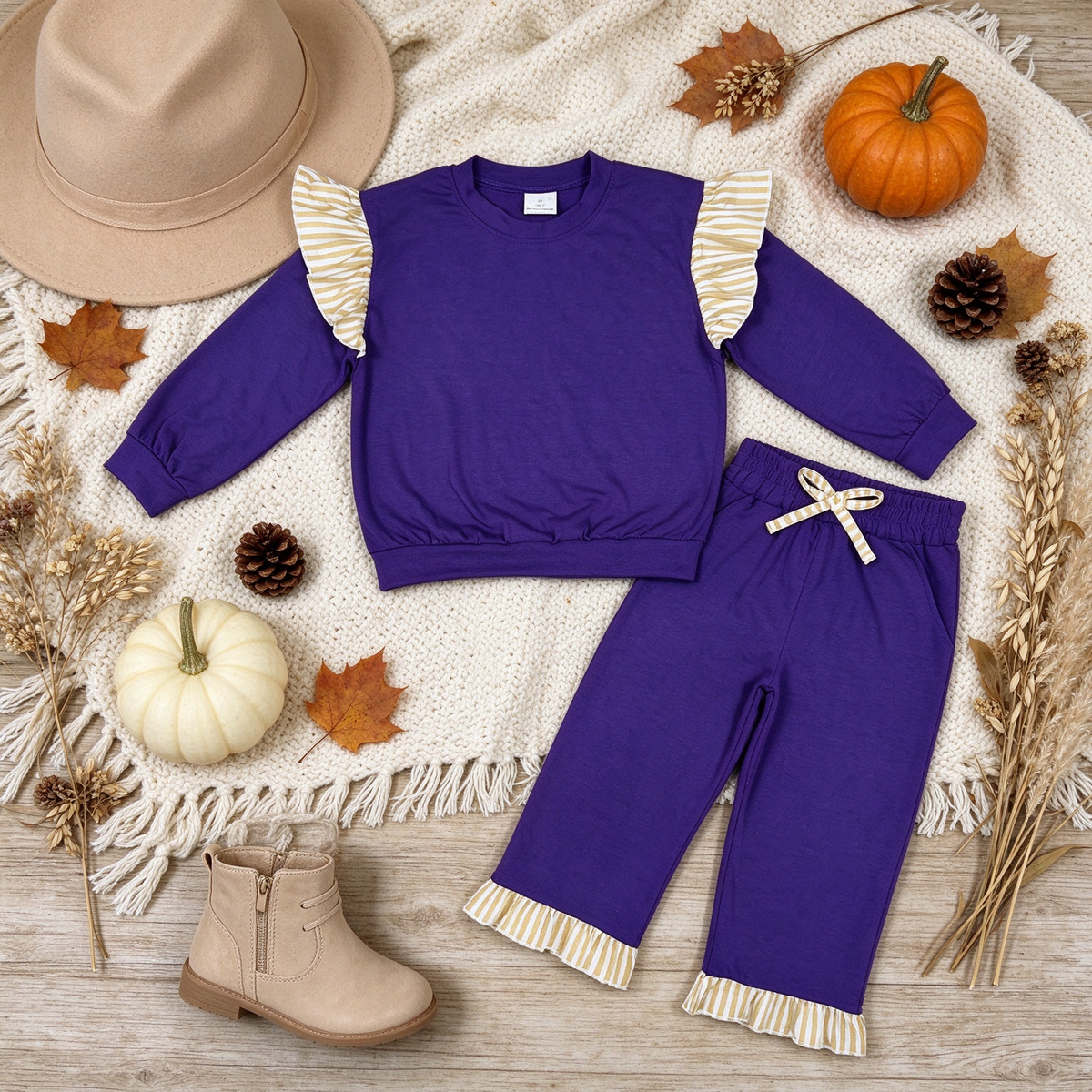 NEW RTS NO MOQ milk silk GT1846+P1155 Baby Girls Purple Khaki Stripe Flutter Sleeve Top Pockets Ruffle Pant Set