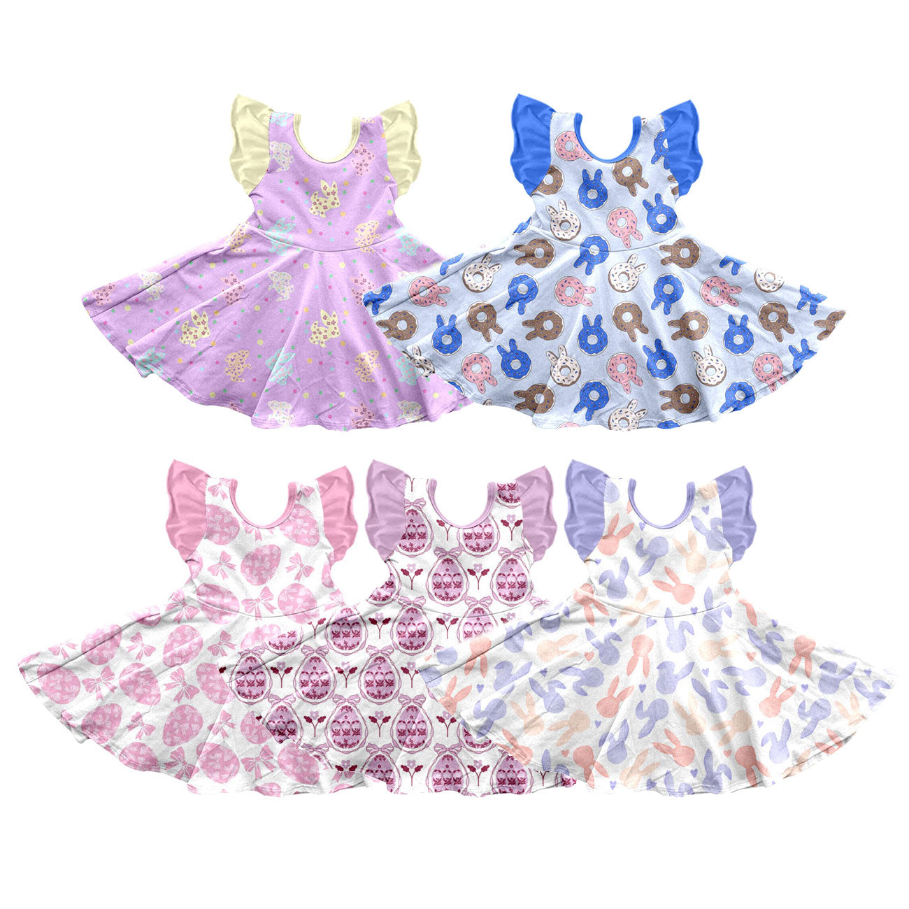 (Preorder new) No moq Baby Girls Pink Easter Egg Bow Print Flutter Sleeve Twirl Swing Dress