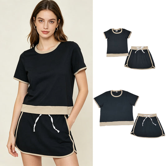 RTS NO MOQ Sibling  Mom And Me Black Short Sleeve Top Skirt Shorts for Summer Casual Wear Cotton Clothes Set