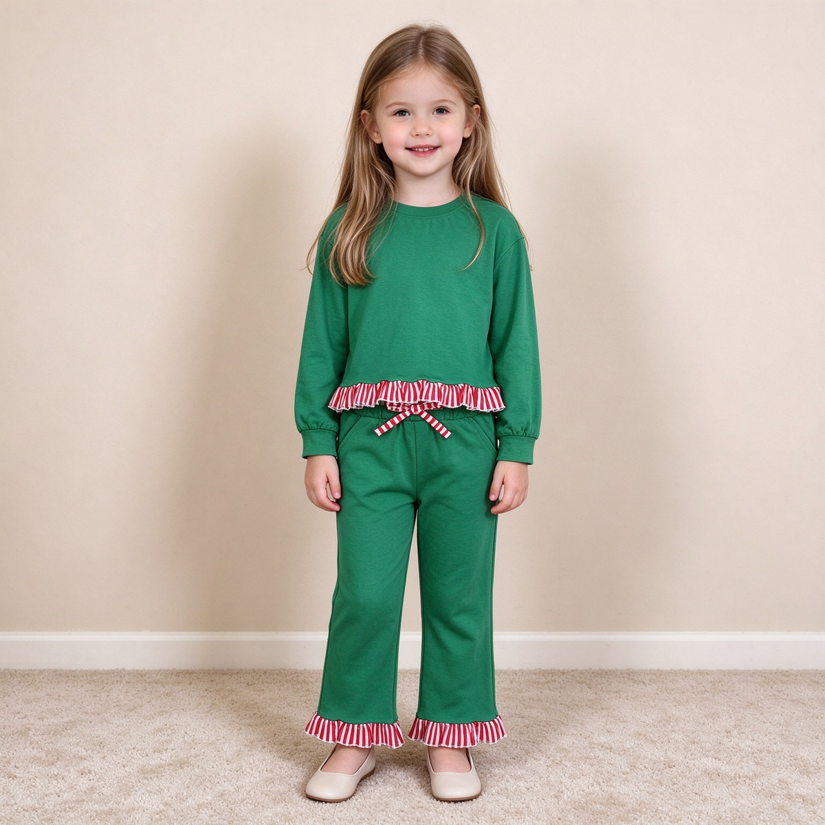 NEW RTS NO MOQ cotton GLP3908（GT1936+P1254）Baby Girls Solid Green Long Sleeve Top With Ruffle Pant Clothes Set