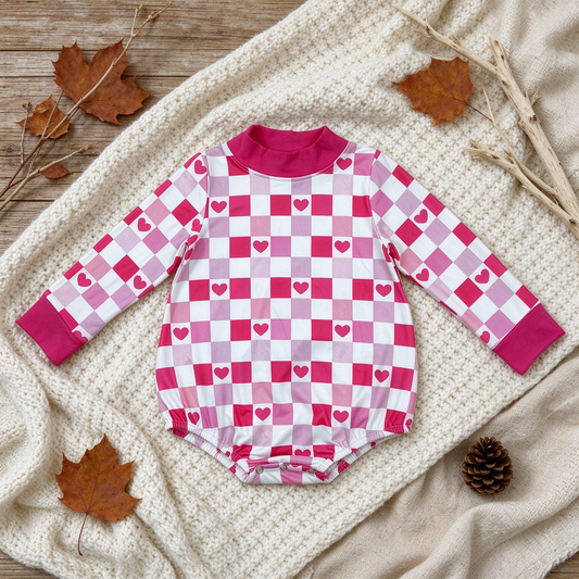 NEW RTS NO MOQ milk silk LR3337 High Neck Baby Girls Cute Pink Checked Hearts Long Sleeve Valentines Romper